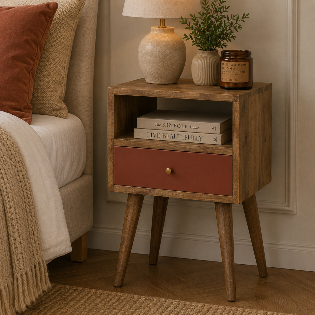 Solid Mango Wood Oak Finished 1 Drawer Brick Red Hand Painted Mini Bedside