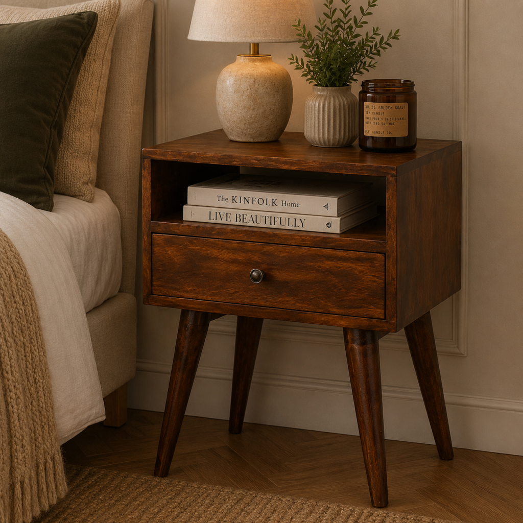 Solid Mango Wood Chestnut Finished 1 Drawer 1 Slot Bedside