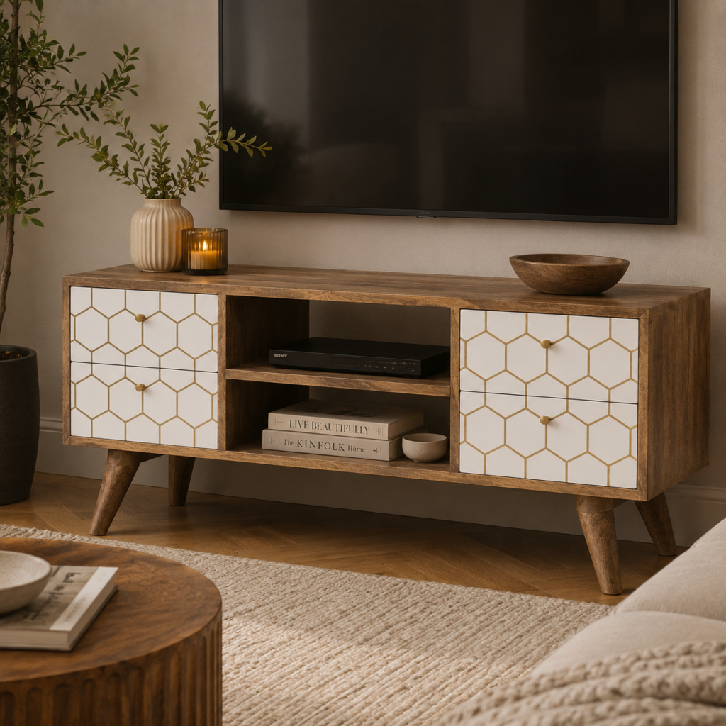 Solid Mango Wood Oak Finished Brass Inlay Hand Painted 4 Drawer 2 Open Slots Media Unit