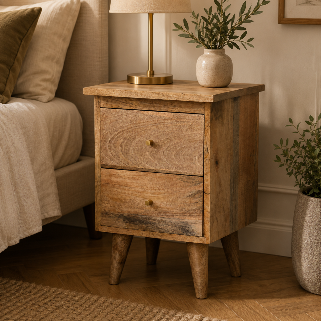 Solid Mango Wood Oak Finish 2 Drawer Bedside