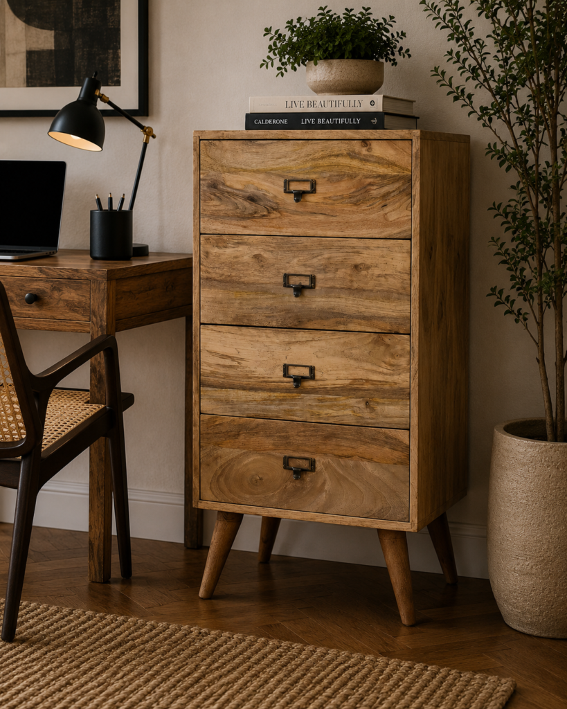 Solid Mango Wood Oak Finished Four Drawer Filing Cabinet