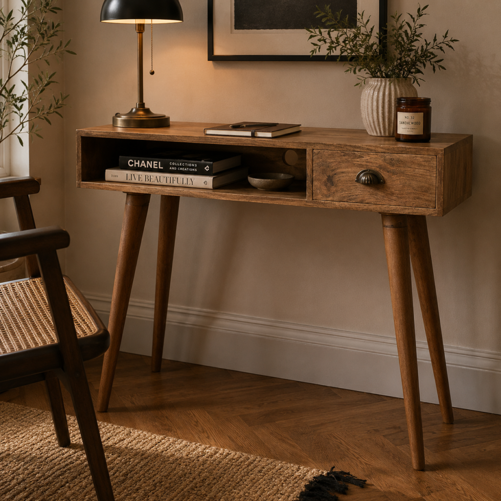 Solid Mango Wood Oak Finished 1 Drawer 1 Slot Cable Access Desk