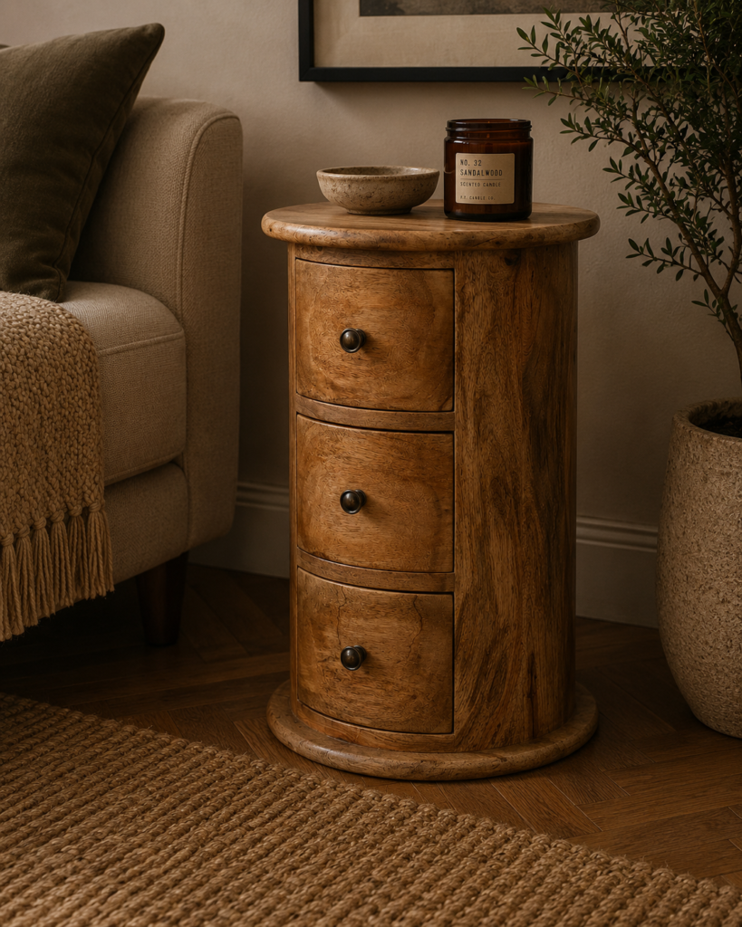 Solid Mango Wood Chestnut Finished 3 Drawer Mini Drum Chest