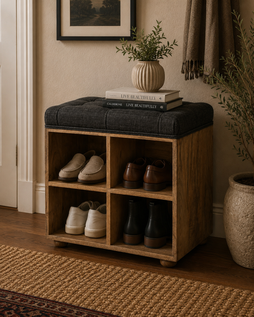 Solid Mango Wood Oak Finished Mini Black Upholstered Shoe Storage Footstool