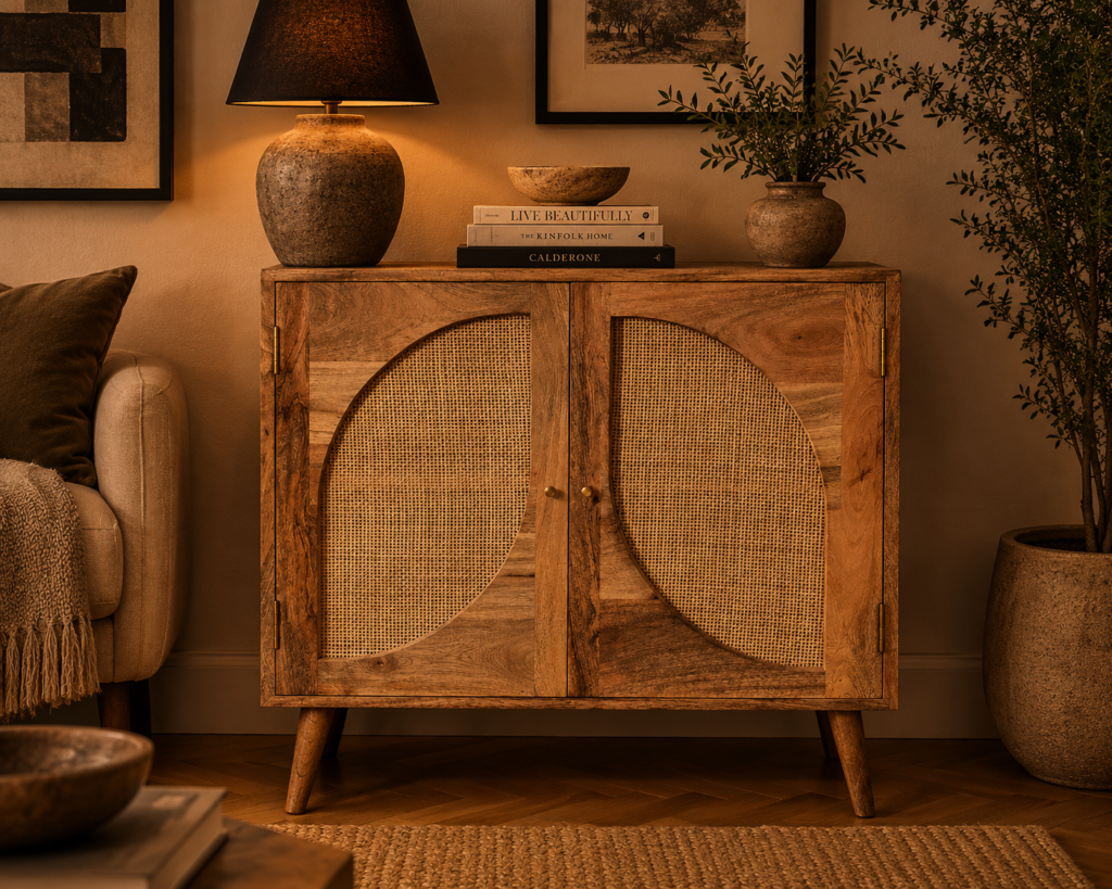 Solid Mango Wood Natural Finish 2 Door Woven Leaf Pattern Inserts