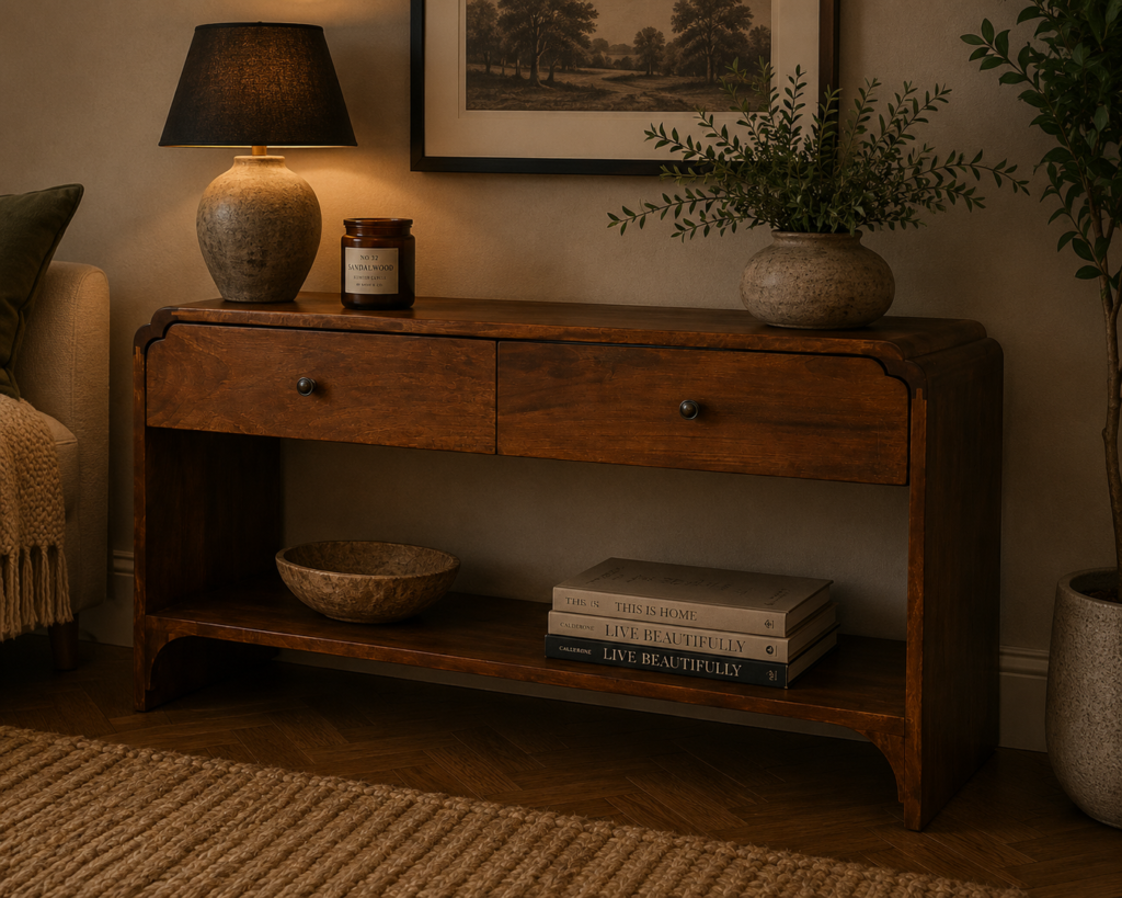 Solid Mango Wood Chestnut Finished 2 Drawer 1 Slot Newton Console Table