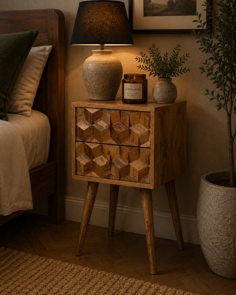 Solid Mango Wood Oak Finished 2 Drawer Mini Cube Carved Bedside