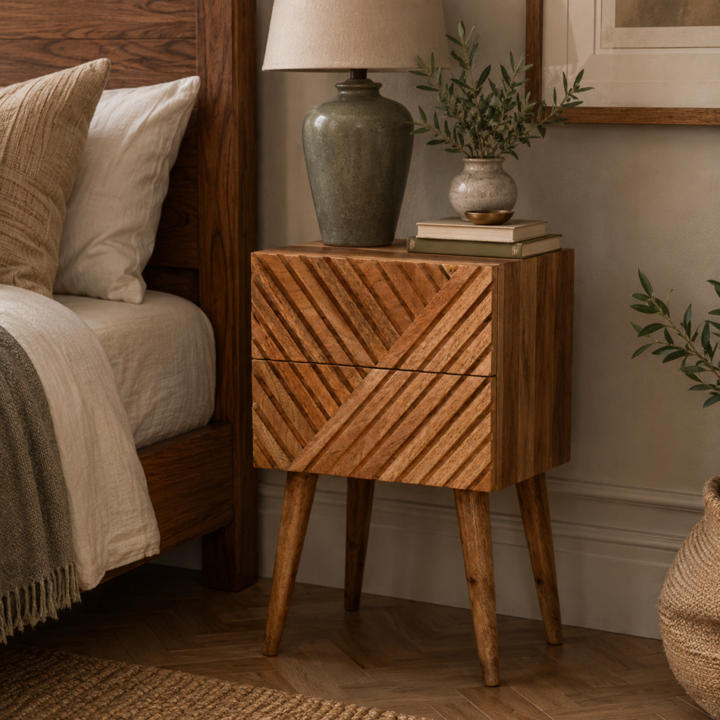 Solid Mango Wood Oak Finished Mini Lillie 2 Drawer Line Carved Bedside