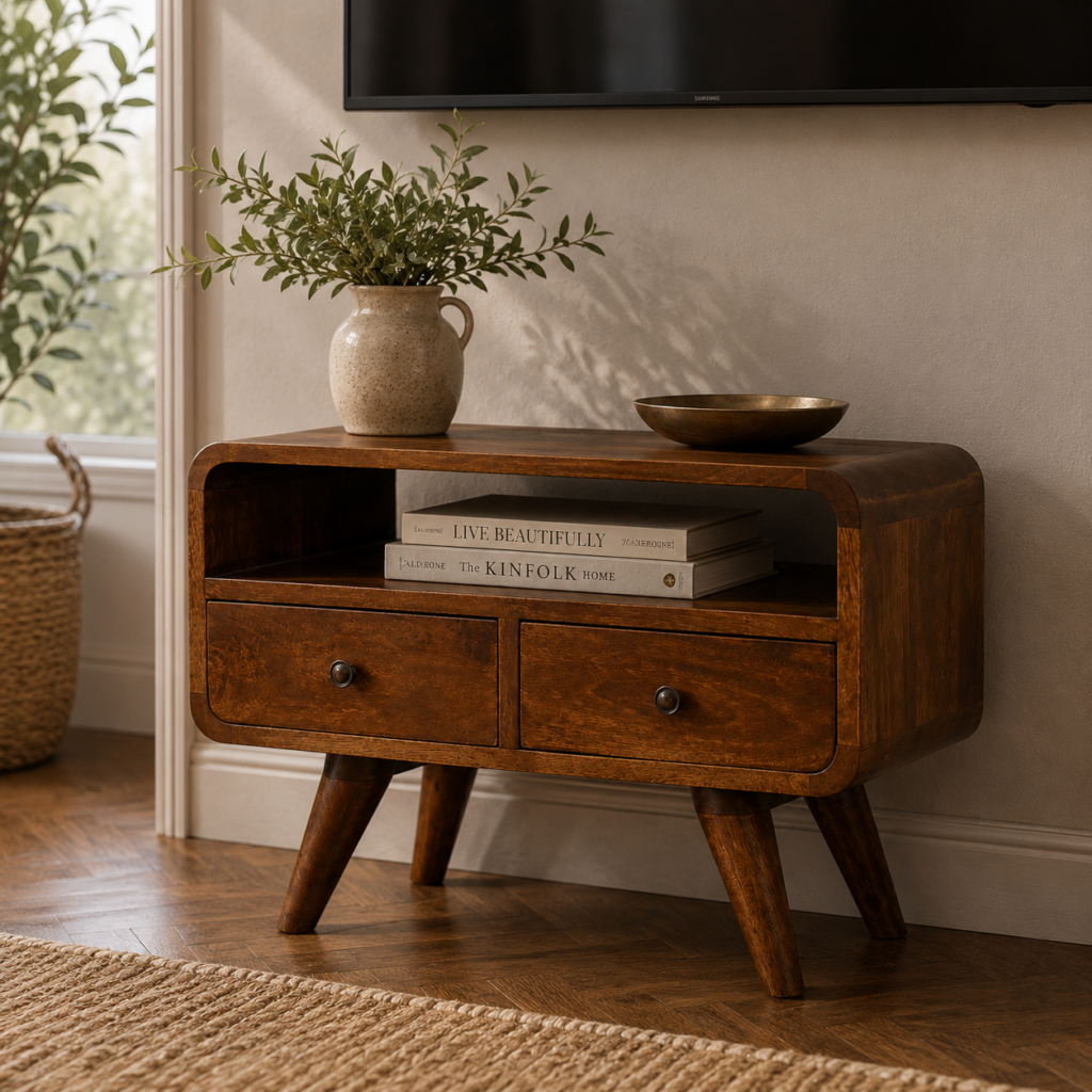 Solid Mango Wood Mini Chestnut 2 Drawer Curved Media Unit