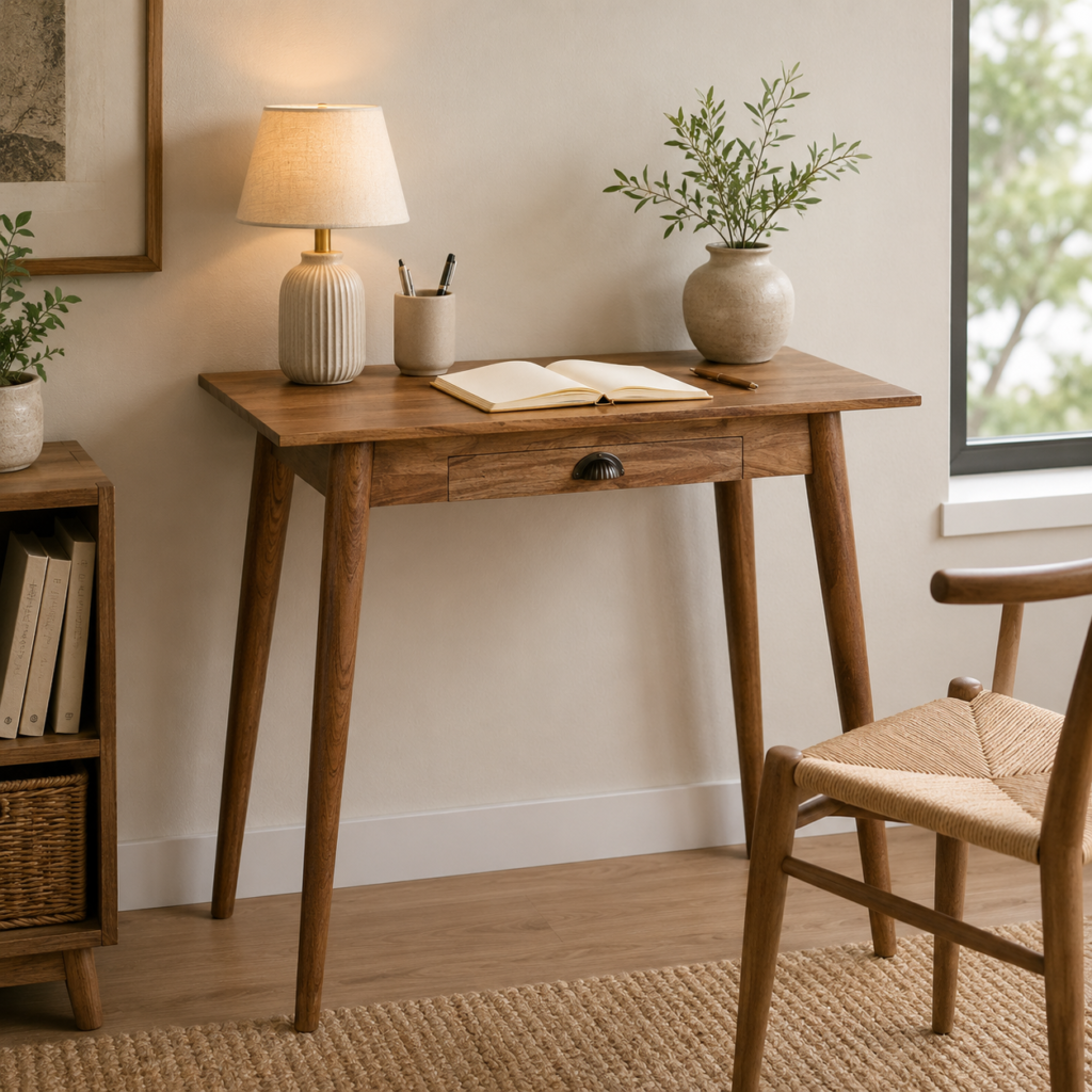 Solid Mango Wood Oak Finished 1 Drawer Mini Nordic Style Writing Desk
