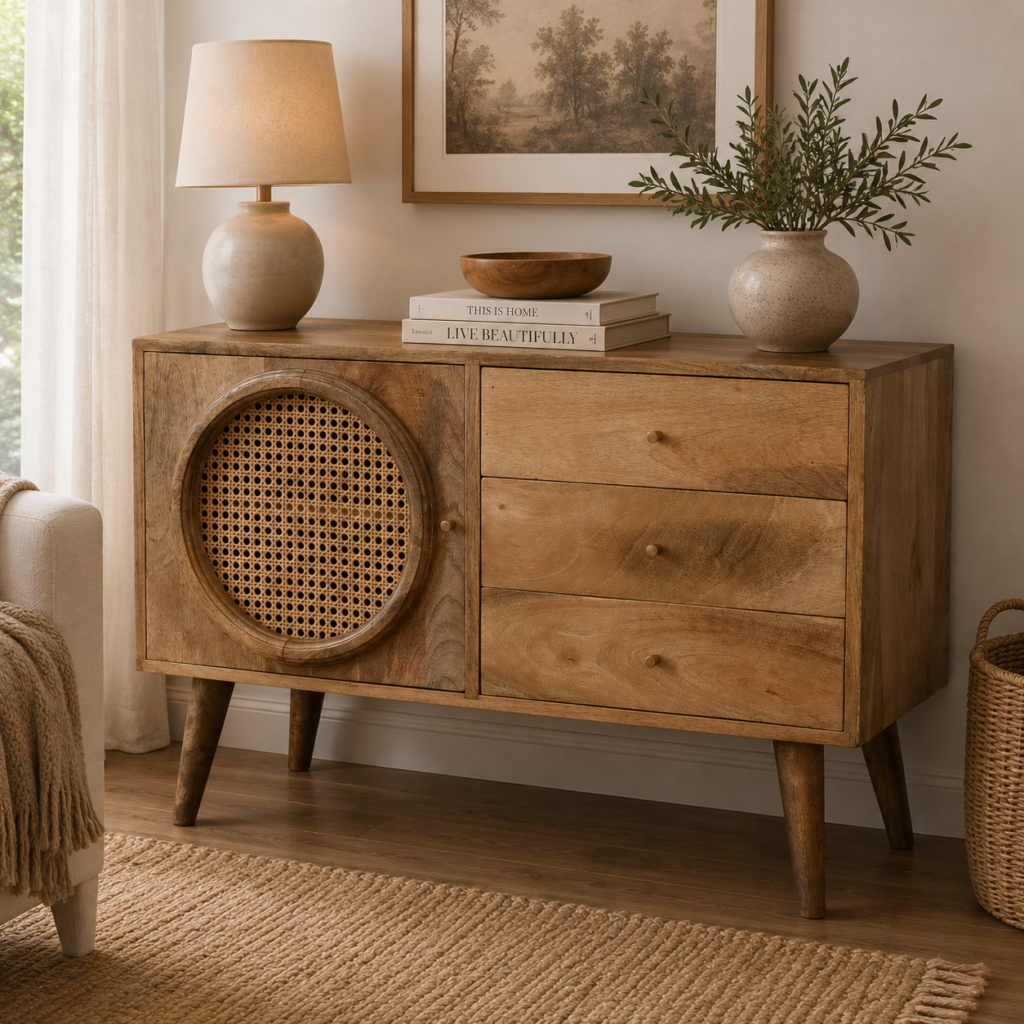 Solid Mango Wood Oak & Rattan Finished Larissa Sideboard