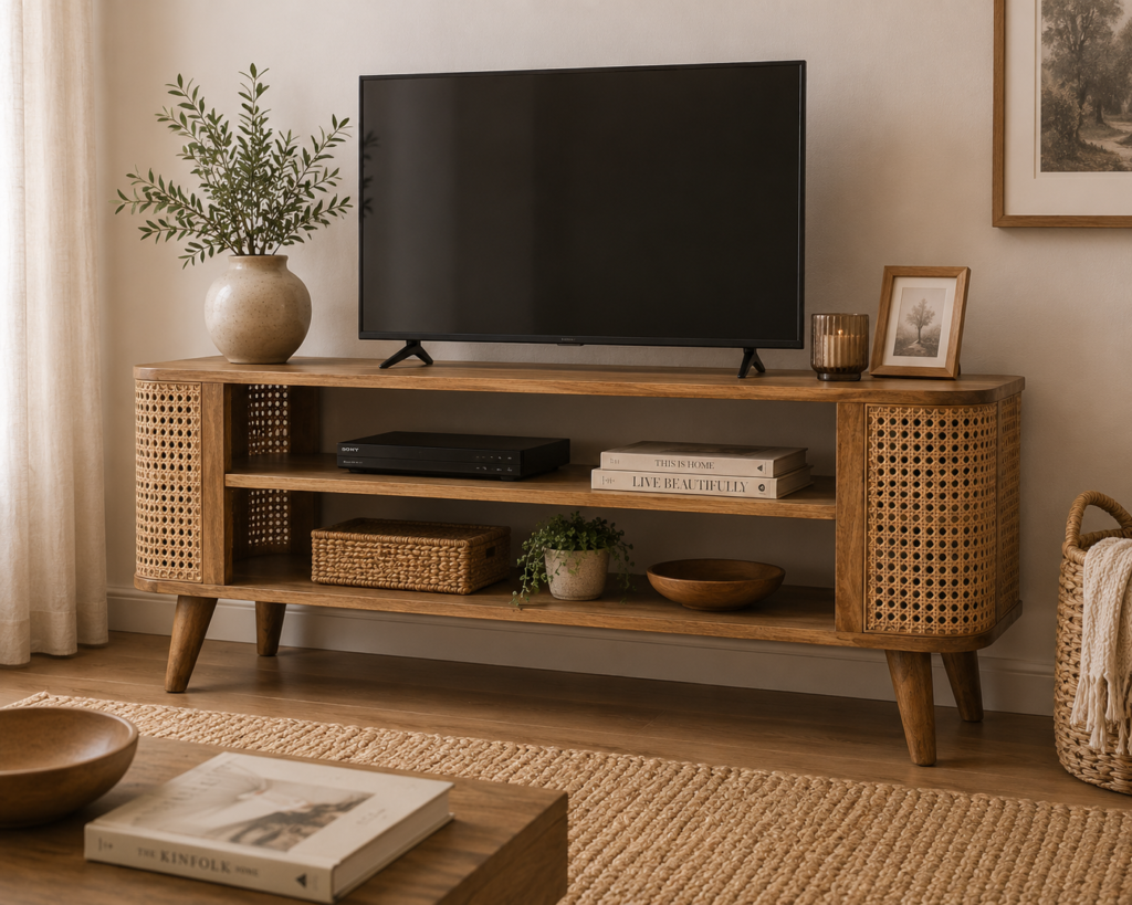 Solid Mango Wood Oak & Rattan Finished Larissa Media Unit