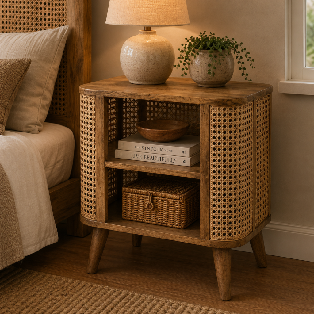 Solid Mango Wood Oak Finished & Rattan Larissa Open Bedside