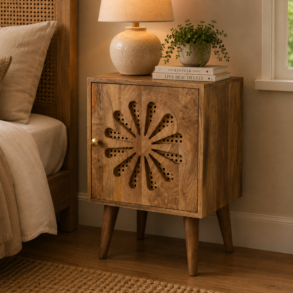 Solid Mango Wood Oak Finished 1 Door Rosalie Bedside