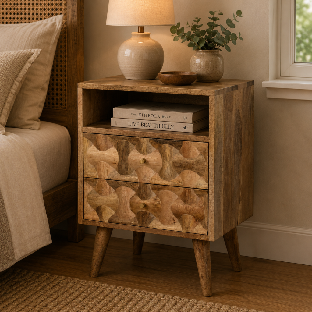 Solid Mango Wood Oak Finished 2 Drawer Kita Bedside