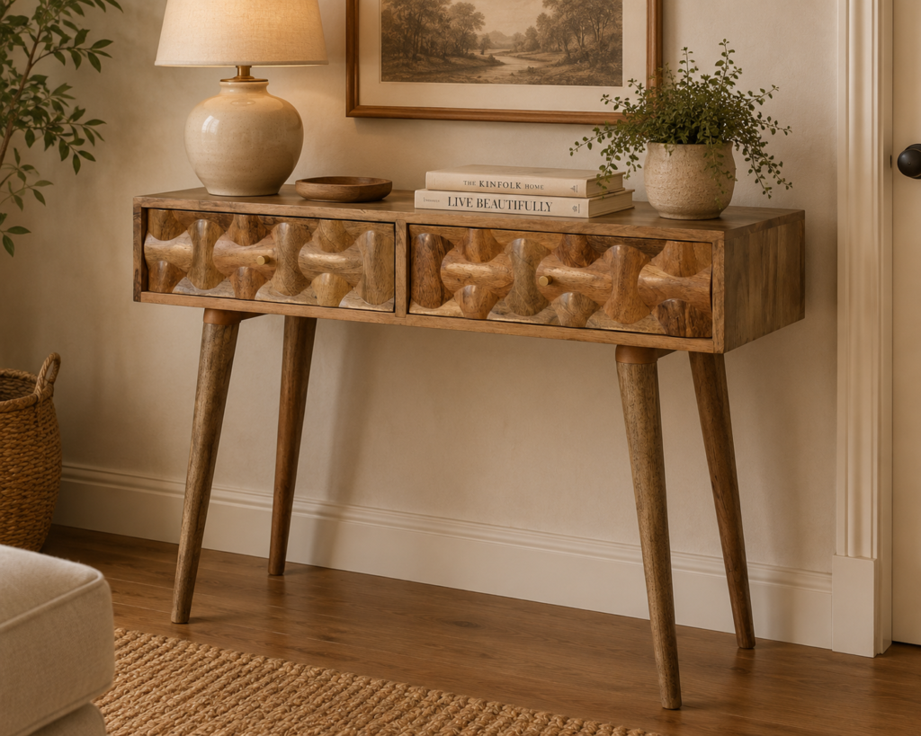 Solid Mango Wood Oak Finished 2 Drawer Kita Console Table