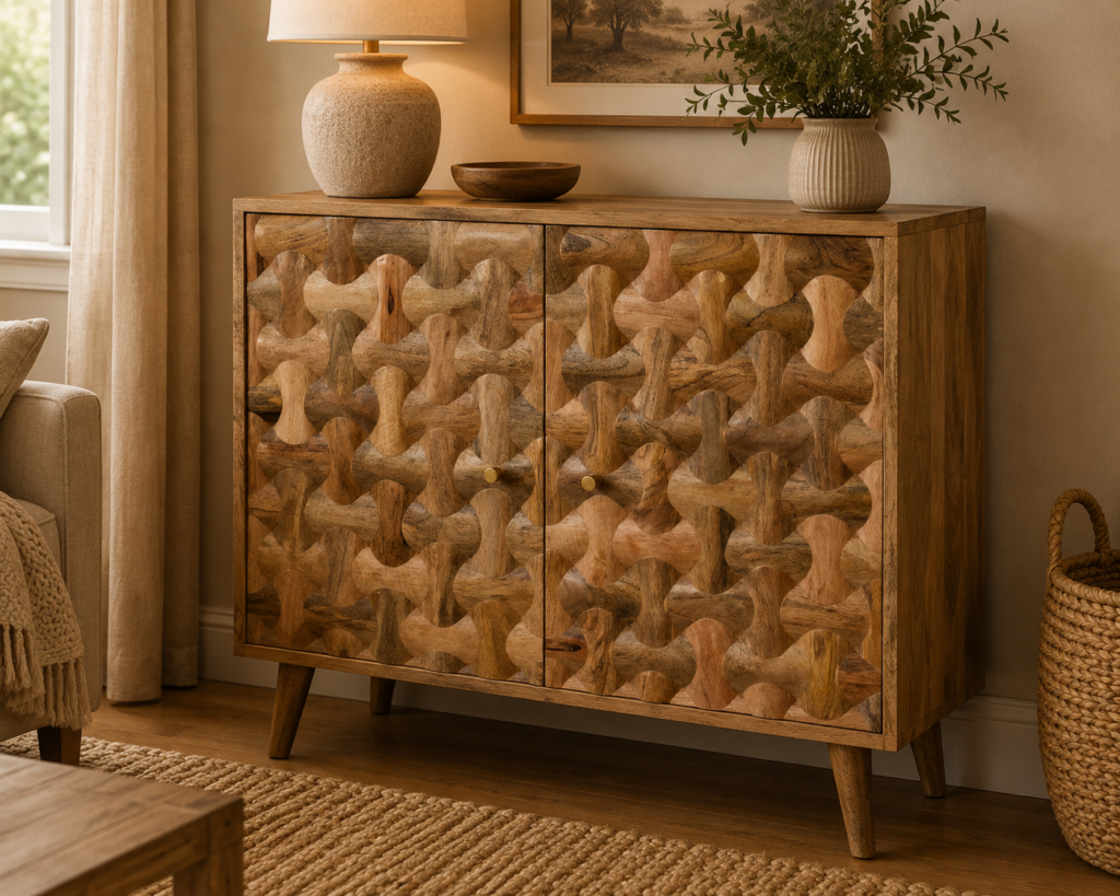 Solid Mango Wood Oak Finished 2 Door Kita Cabinet