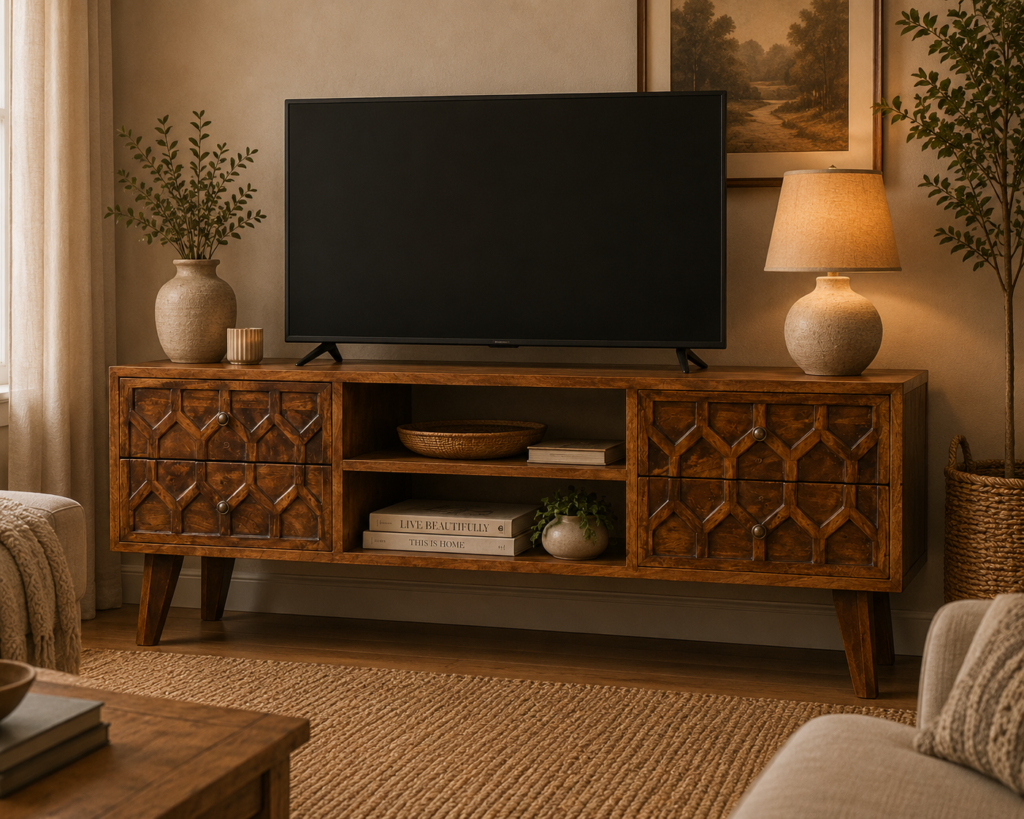Solid Mango Wood Chestnut Finished 4 Drawer Amouri Media Unit