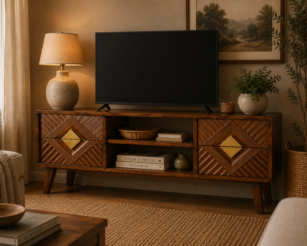 Solid Mango Wood Chestnut and Brass Finished 2 Slots 4 Drawer Media Unit