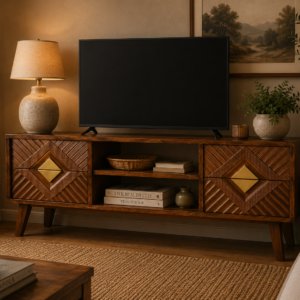 Solid Mango Wood Chestnut and Brass Finished 2 Slots 4 Drawer Media Unit