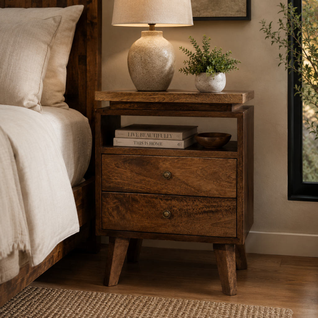 Solid Mango Wood Grey Washed Oak Finished 2 Drawer 1 Slot Platform Bedside