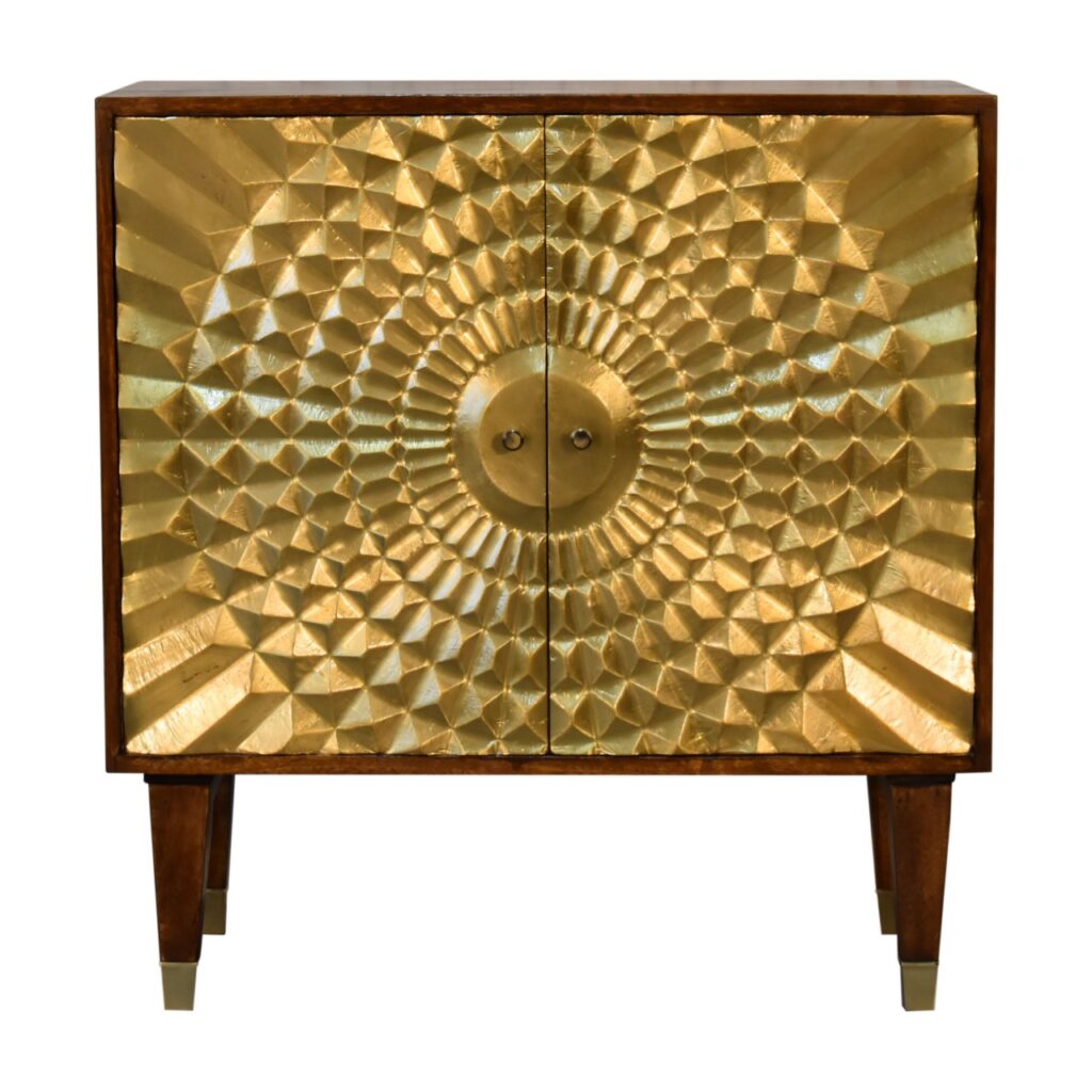 Solid Mango Wood Chestnut Finished 2 Door Brass Front Eden Cabinet