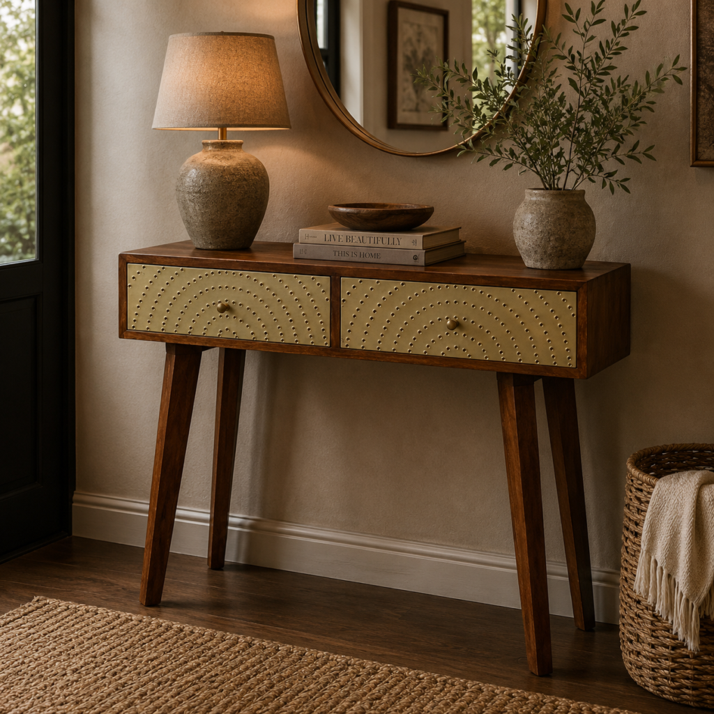 Solid Mango Wood Chestnut and Brass Finished 2 Drawer Console Table