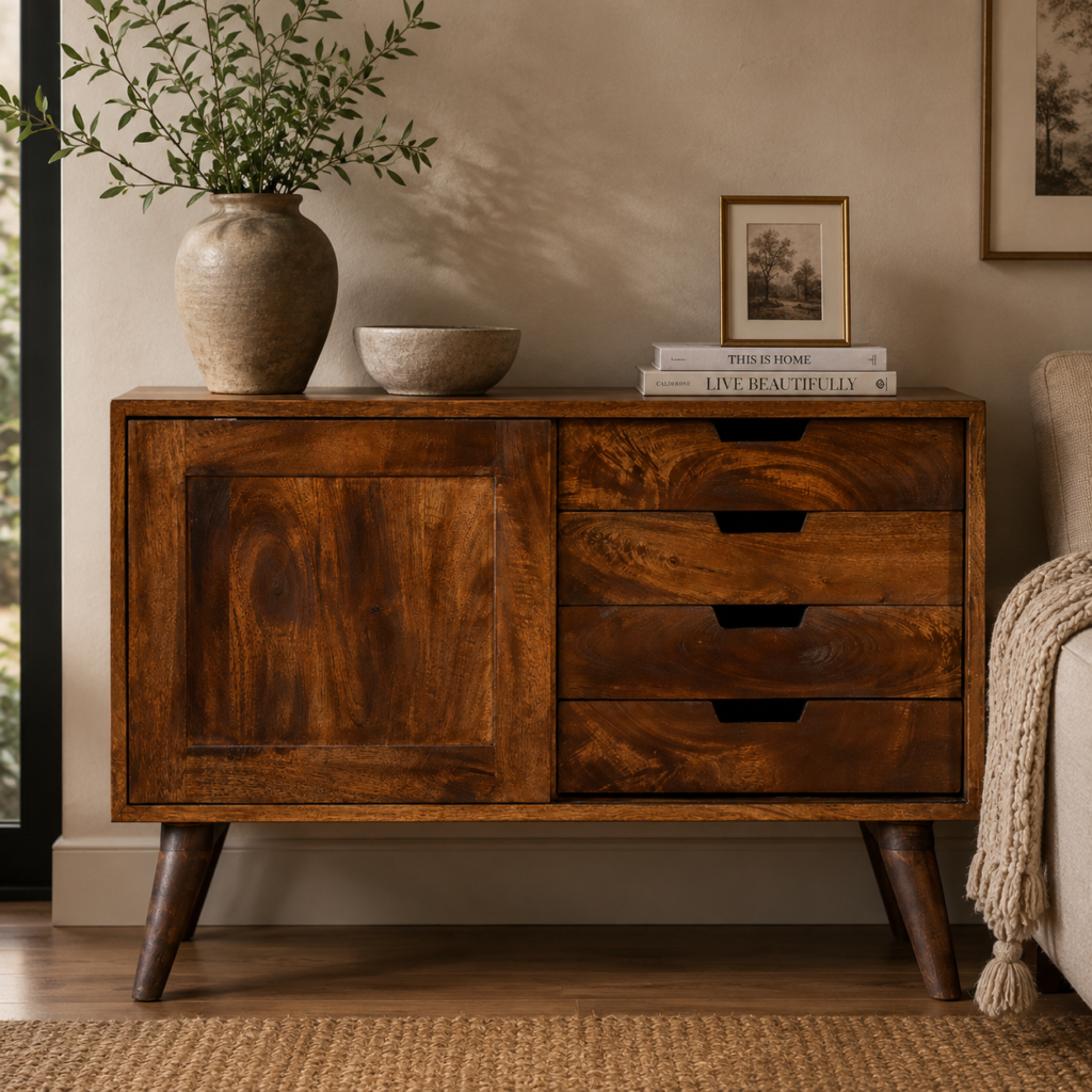Solid Mango Wood Chestnut Finished Sliding Cabinet with 4 Drawers