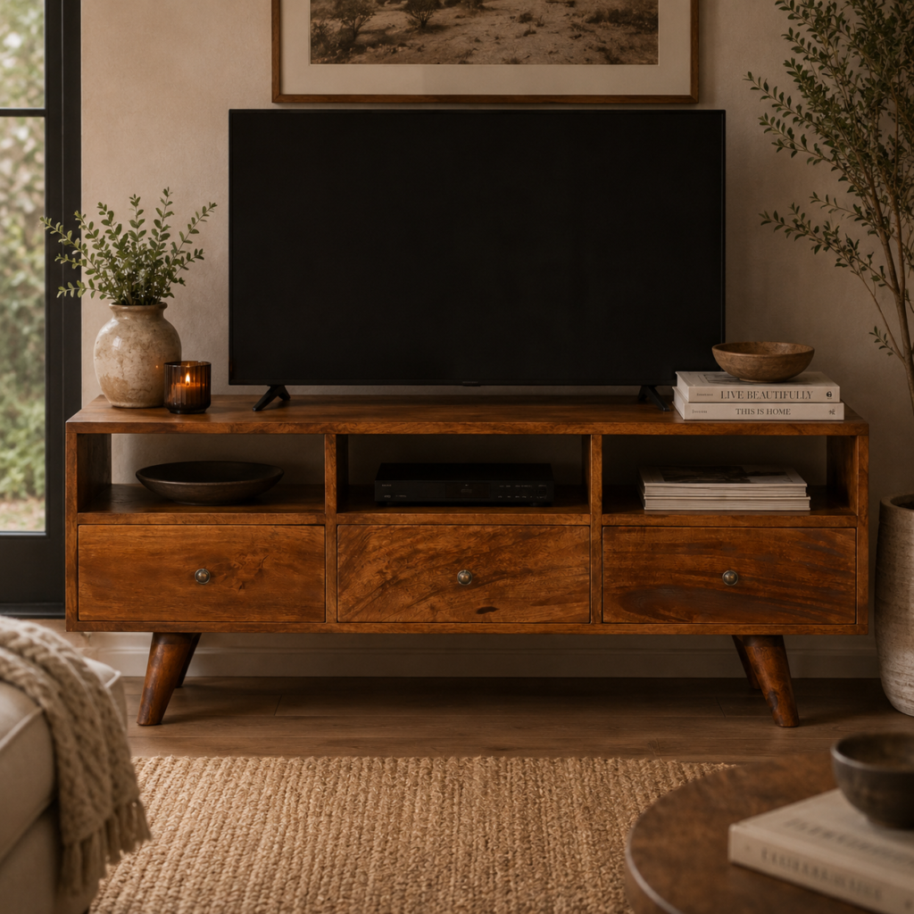 Solid Mango Wood Chestnut Finished 3 Drawer Scandinavian Style TV Media Unit