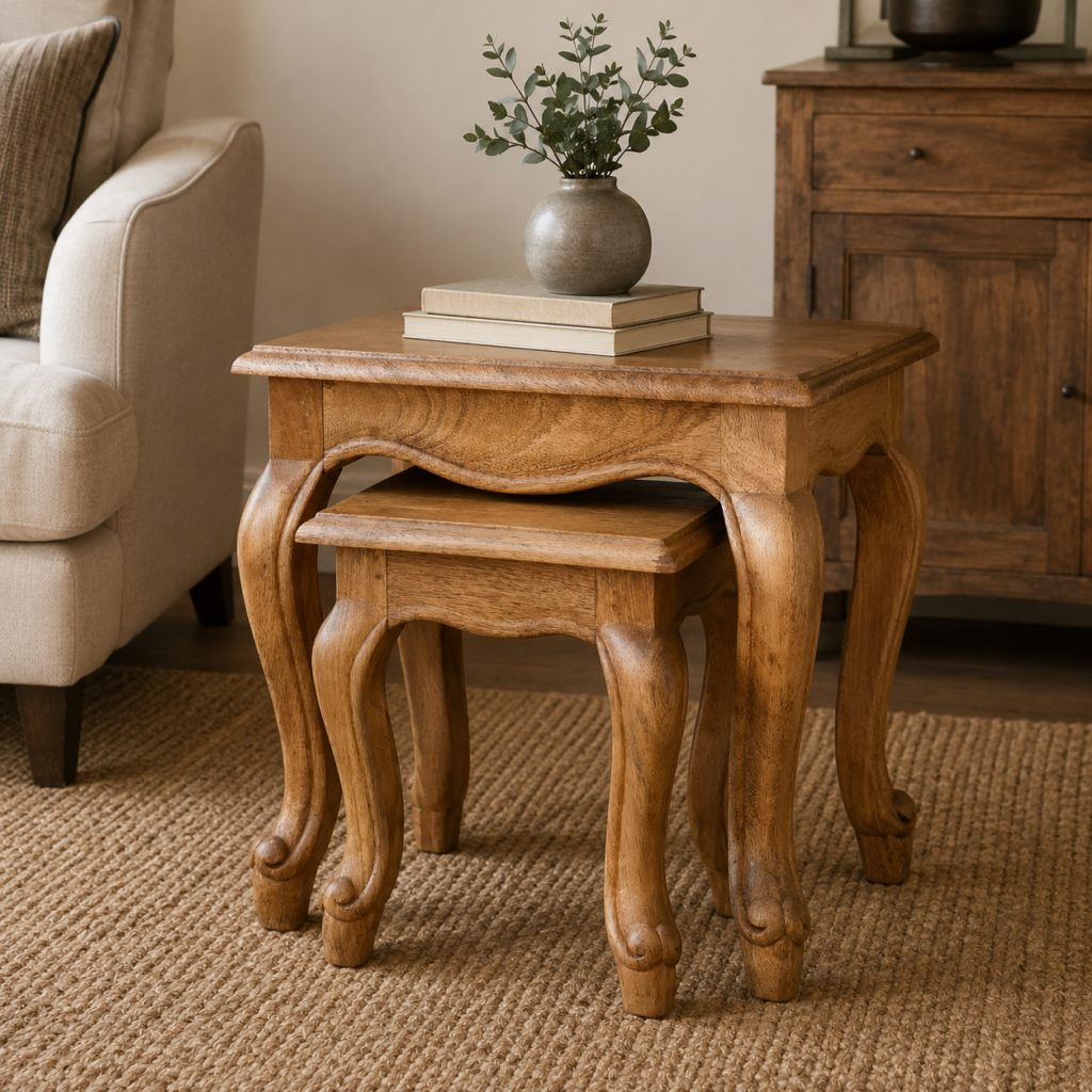 Solid Mango Wood Oak Finished Set of 2 Stools