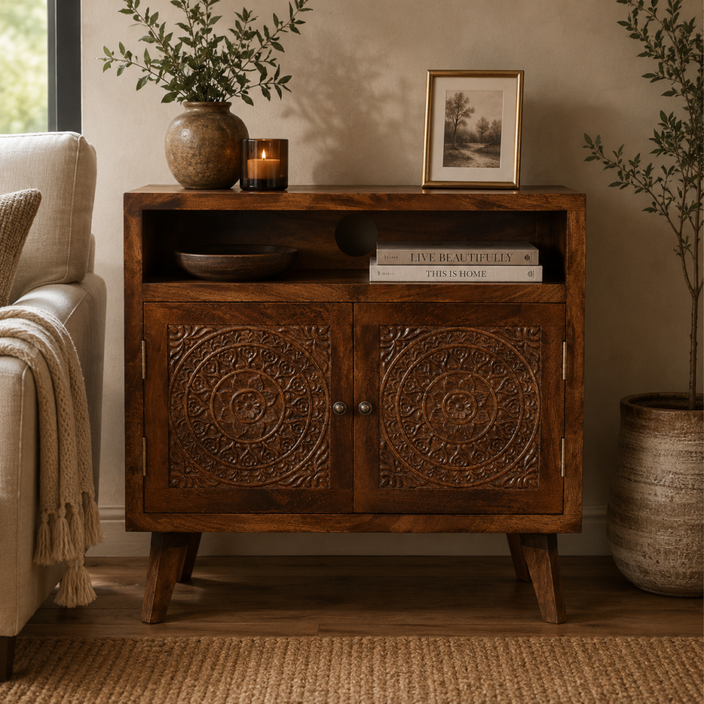 Solid Mango Wood Chestnut Finished 2 Carved Door Tova Open Shelf Cabinet
