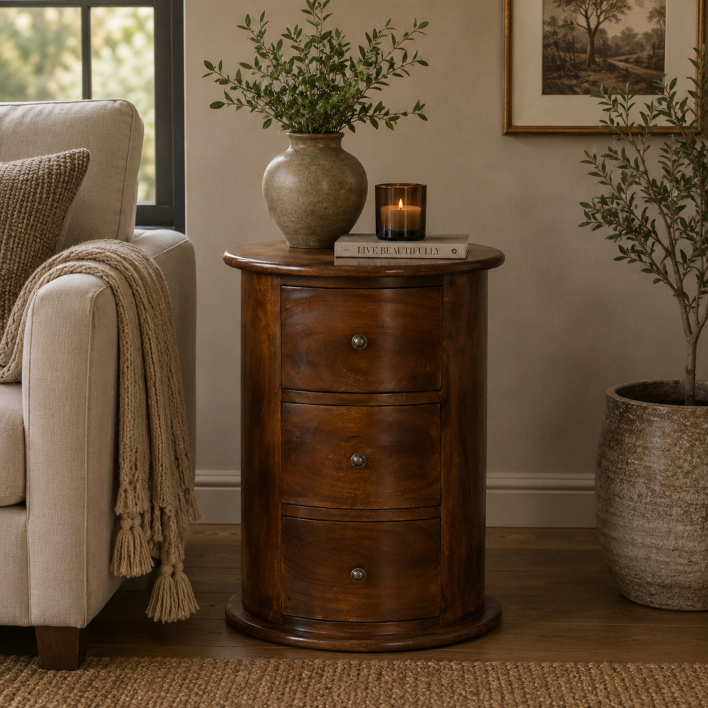 Solid Mango Wood Chestnut Finished 3 Drawer Drum Chest