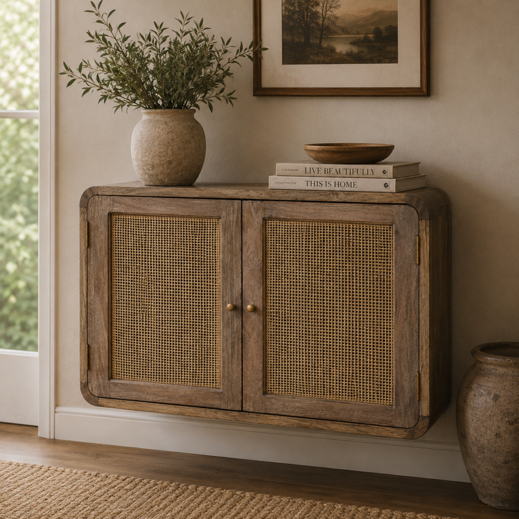 Solid Mango Wood Grey Wash Finished 2 Door Floating Woven Cabinet