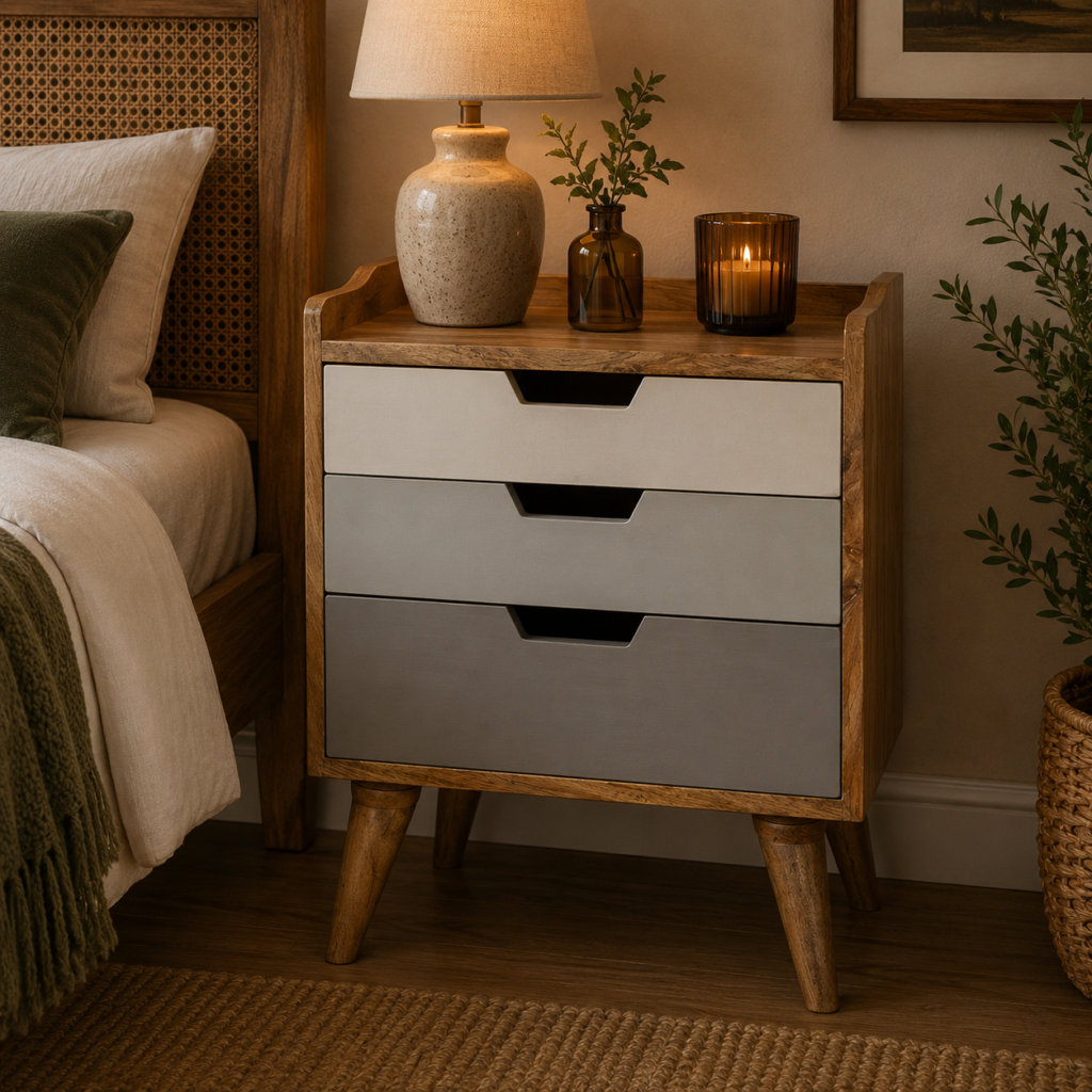 Solid Mango Wood Oak Finished Two Tone Grey 3 Drawer Cabinet