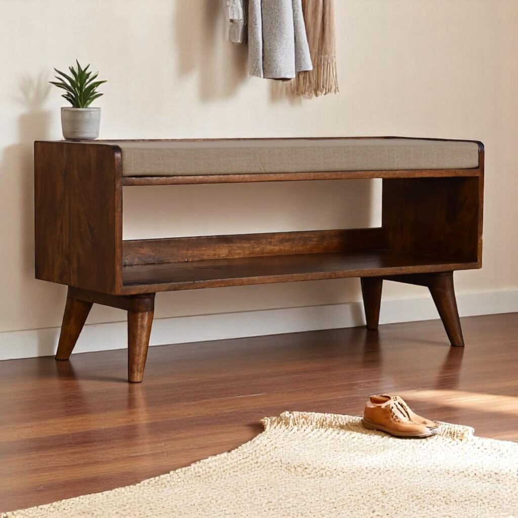 Solid Mango Wood Chestnut Finished Beige Linen Cushioned Bench