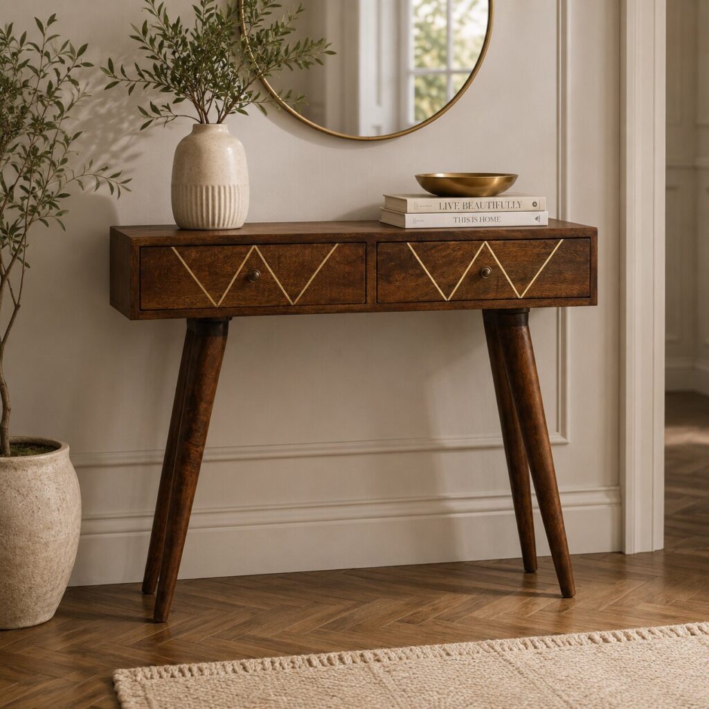 Solid Mango Wood Chestnut Finished 2 Drawer Brass Inlay Console Table