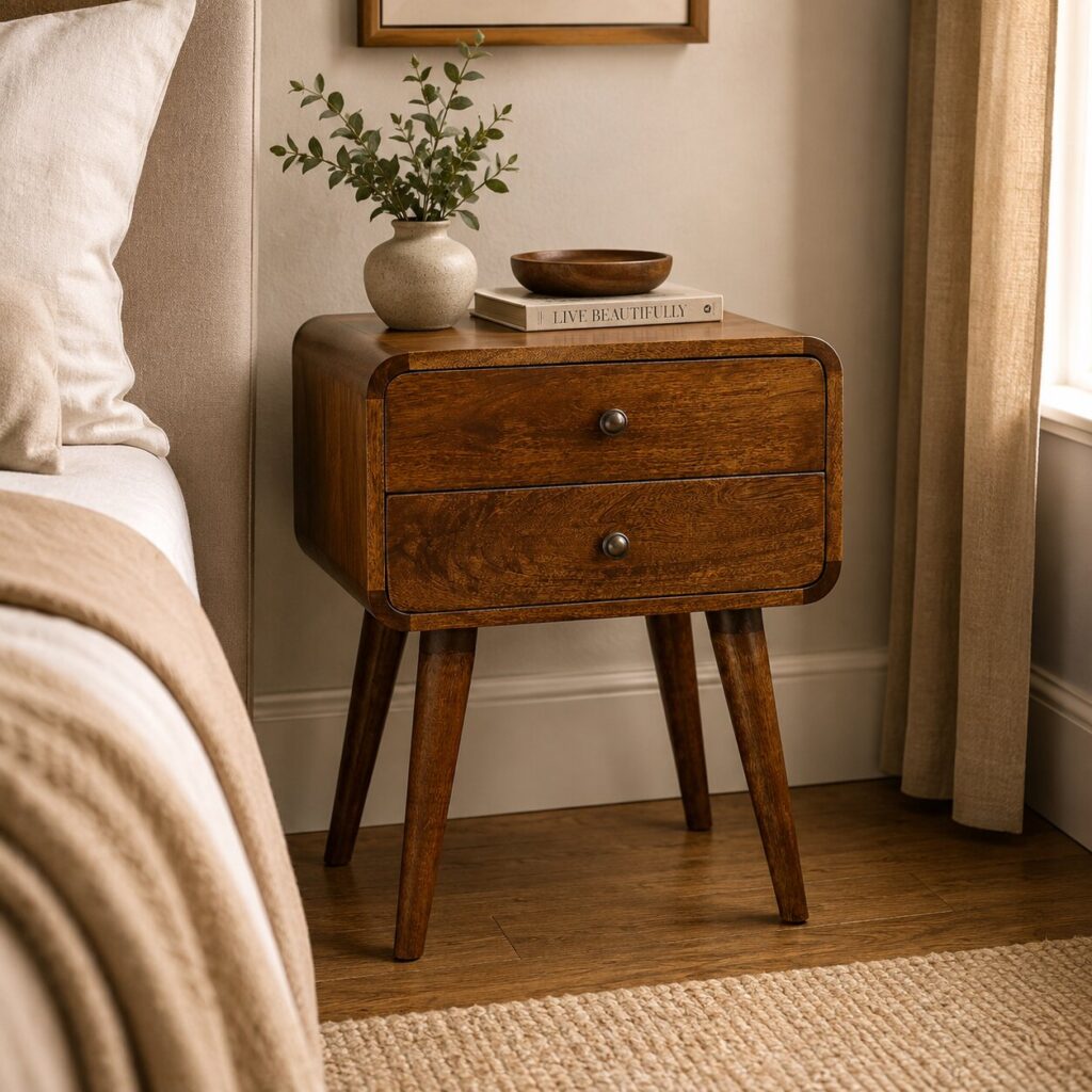 Solid Mango Wood Chestnut Finished 2 Drawer Curved Chestnut Bedside