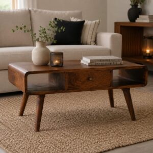 Solid Mango Wood Chestnut Finished 2 Drawer Curved Coffee Table