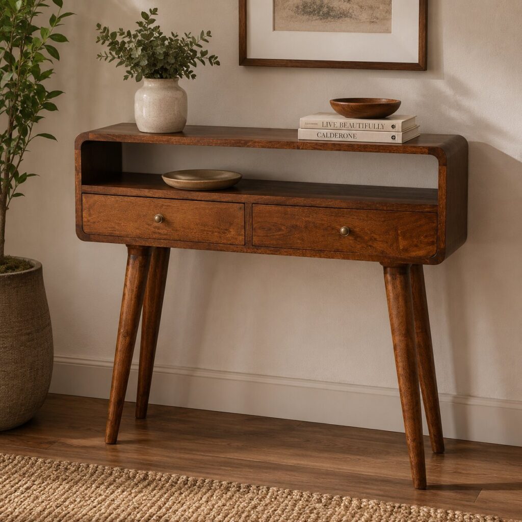 Solid Mango Wood Chestnut Finished 2 Drawer Curved Console Table