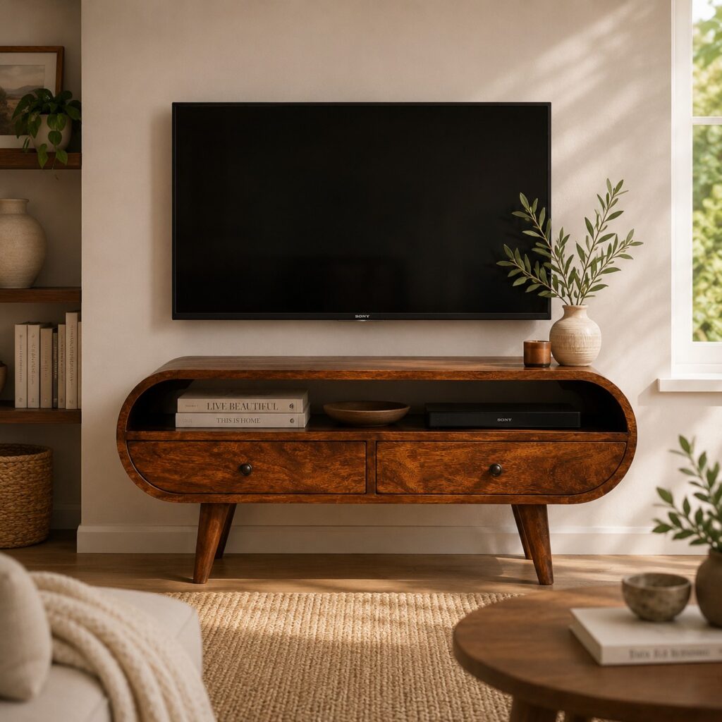 Solid Mango Wood Chestnut Finished Circular TV Stand