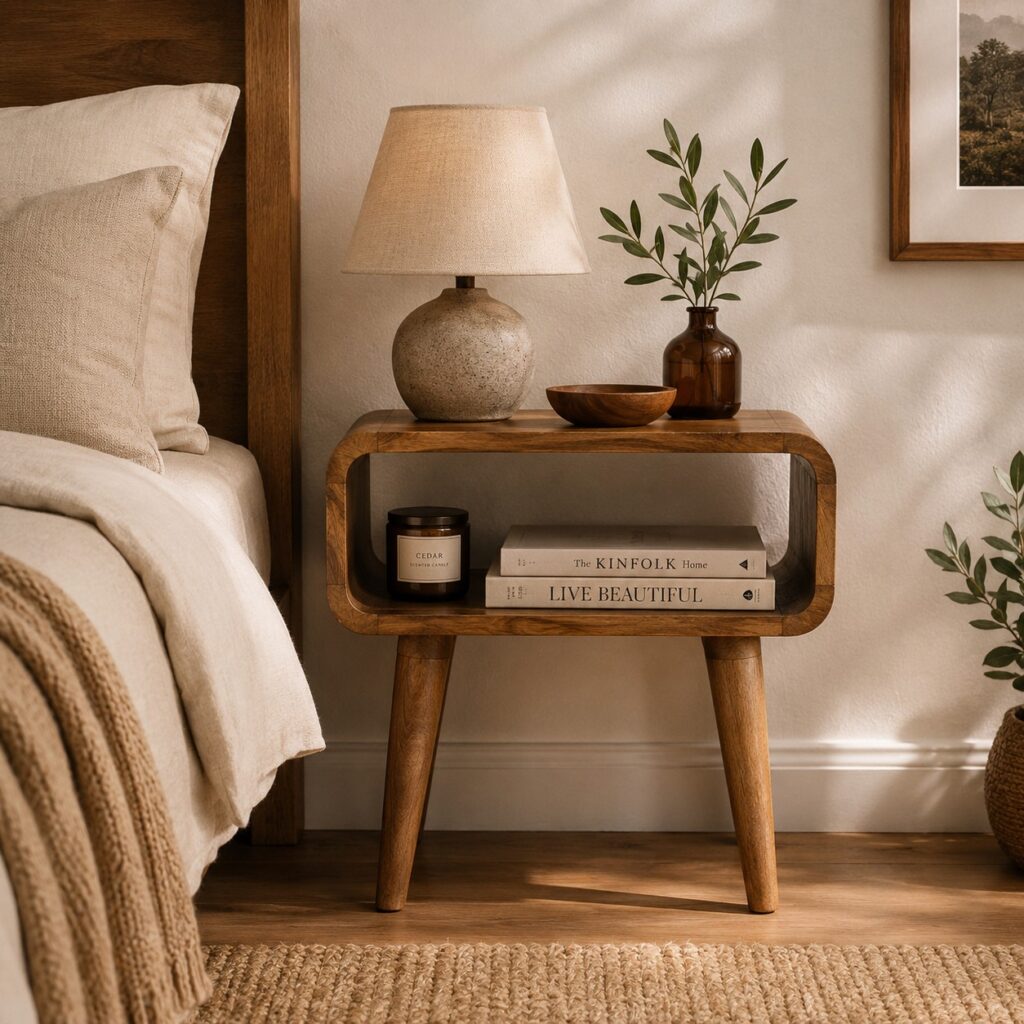 Solid Mango Wood Oak Finished Open Shelf Rounded Bedside