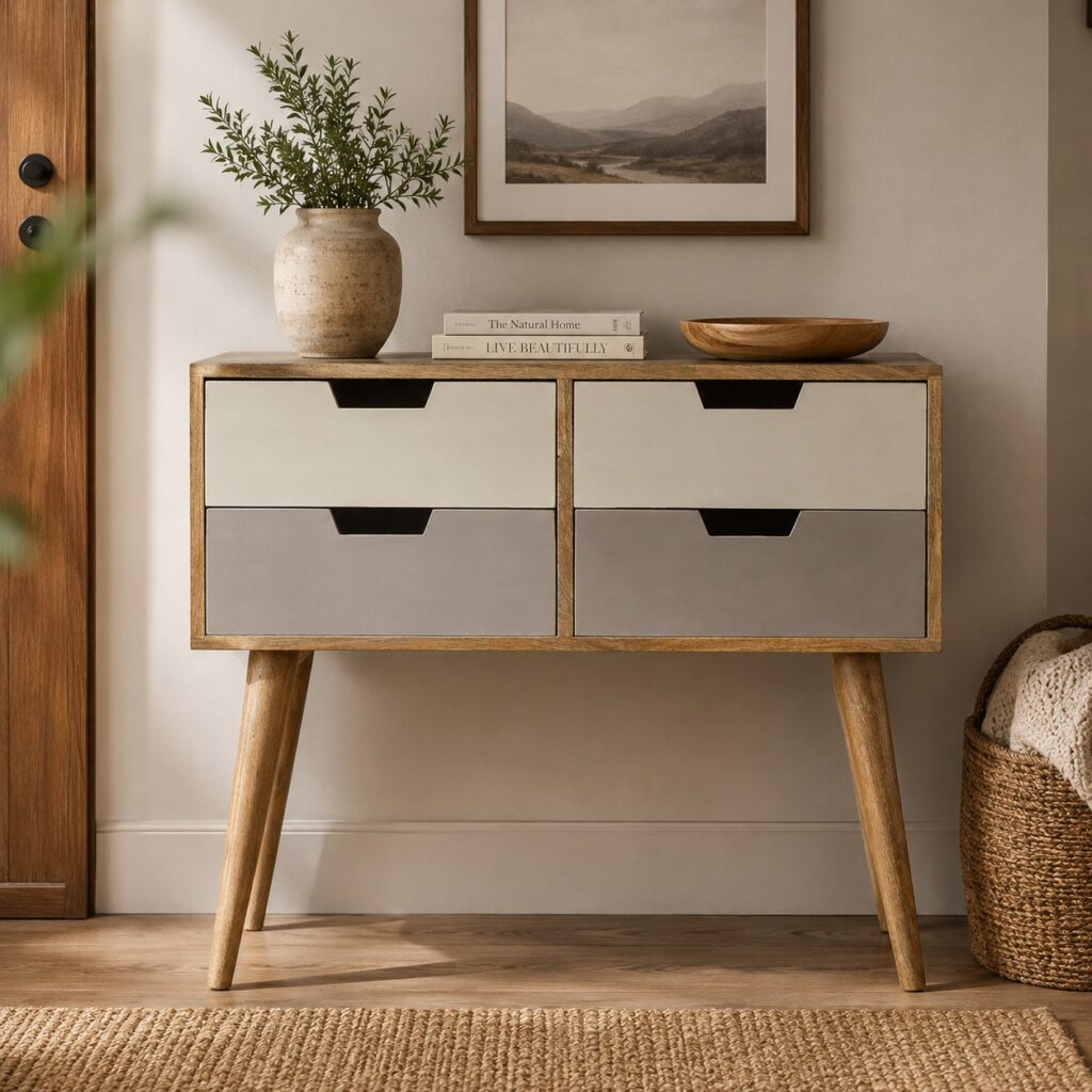 Solid Mango Wood Oak Finished Hand Painted 4 Drawer Console Table
