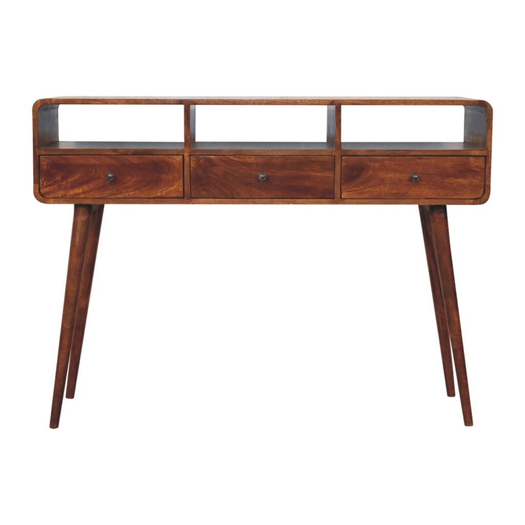 Solid Mango Wood Chestnut Finished 3 Drawer Curved Console Table