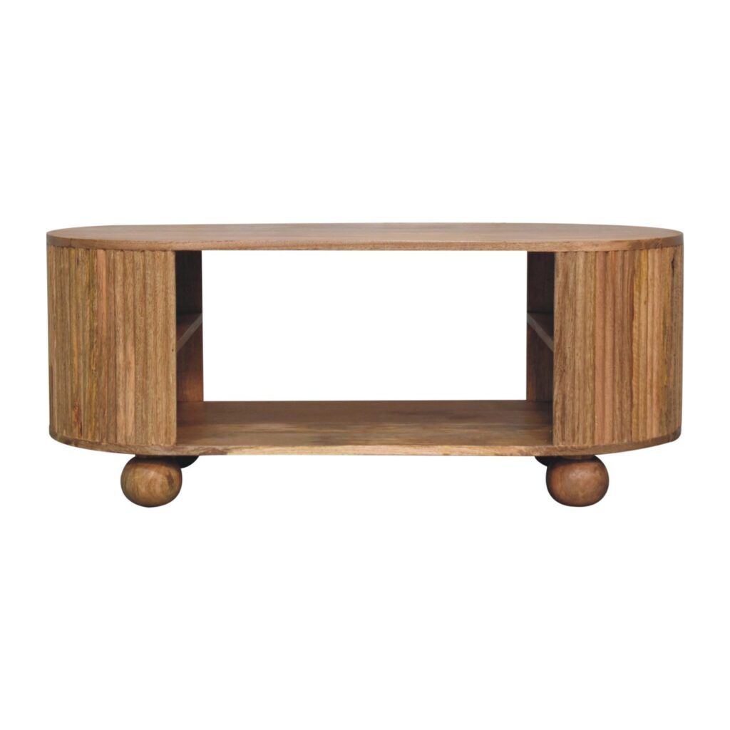 Solid Mango Wood Oak Finished Soba Ball Feet Open Ridged Coffee Table