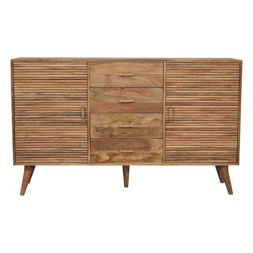 Solid Mango Wood Natural Finished 4 Drawer 2 Door Soba T-Bar Large Nordic Chest