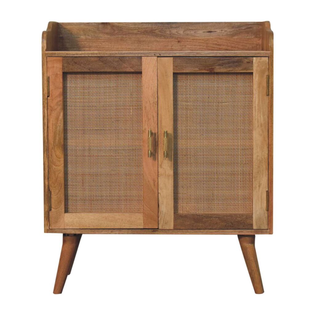 Solid Mango Wood Natural Finished Larissa T-Bar Raised 2 Rattan Door Cabinet