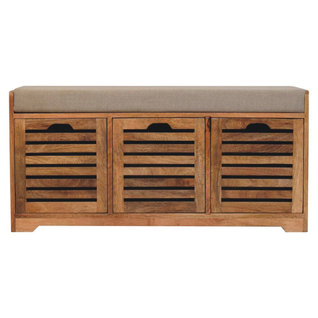 Solid Mango Wood Oak Finished Shutter Boucle Upholstered Shoe Bench