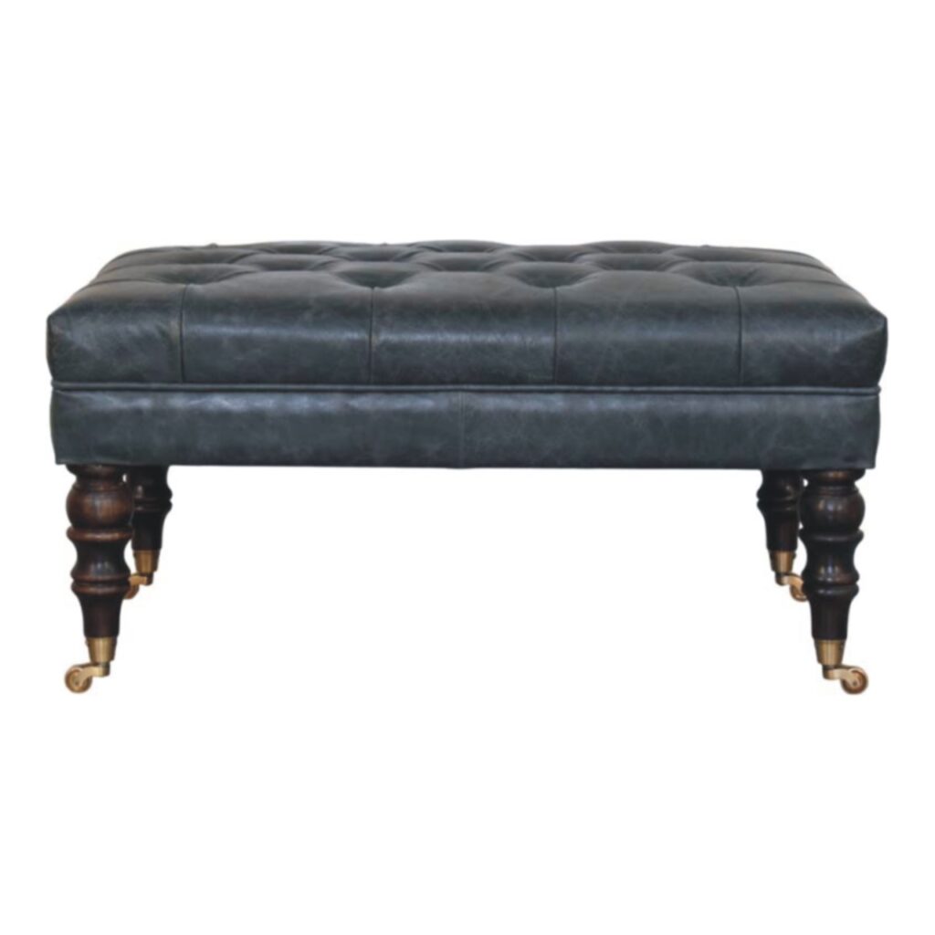 Solid Mango Wood Buffalo Teal Leather Ottoman with Castor Legs