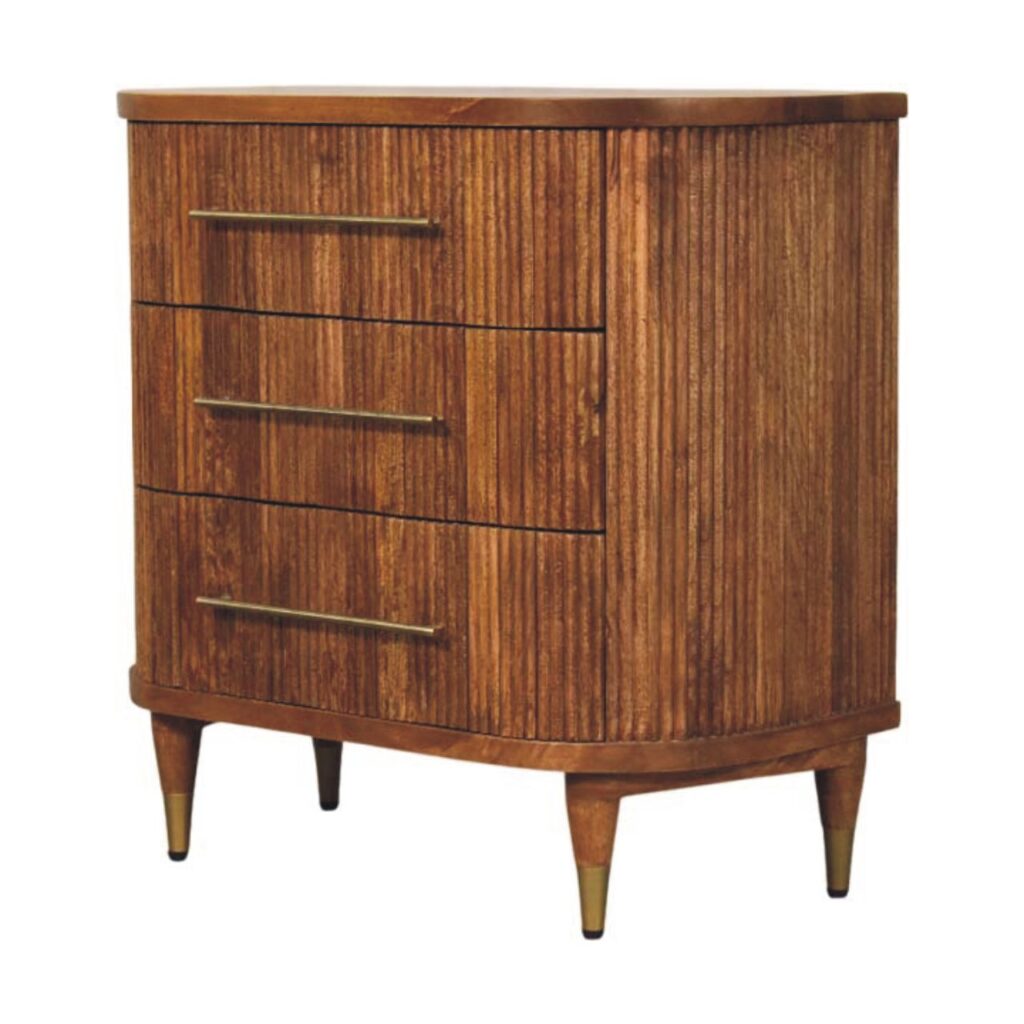 Solid Mango Wood Amber Oak Finished Emerson Ribbed 3-Drawer Chest
