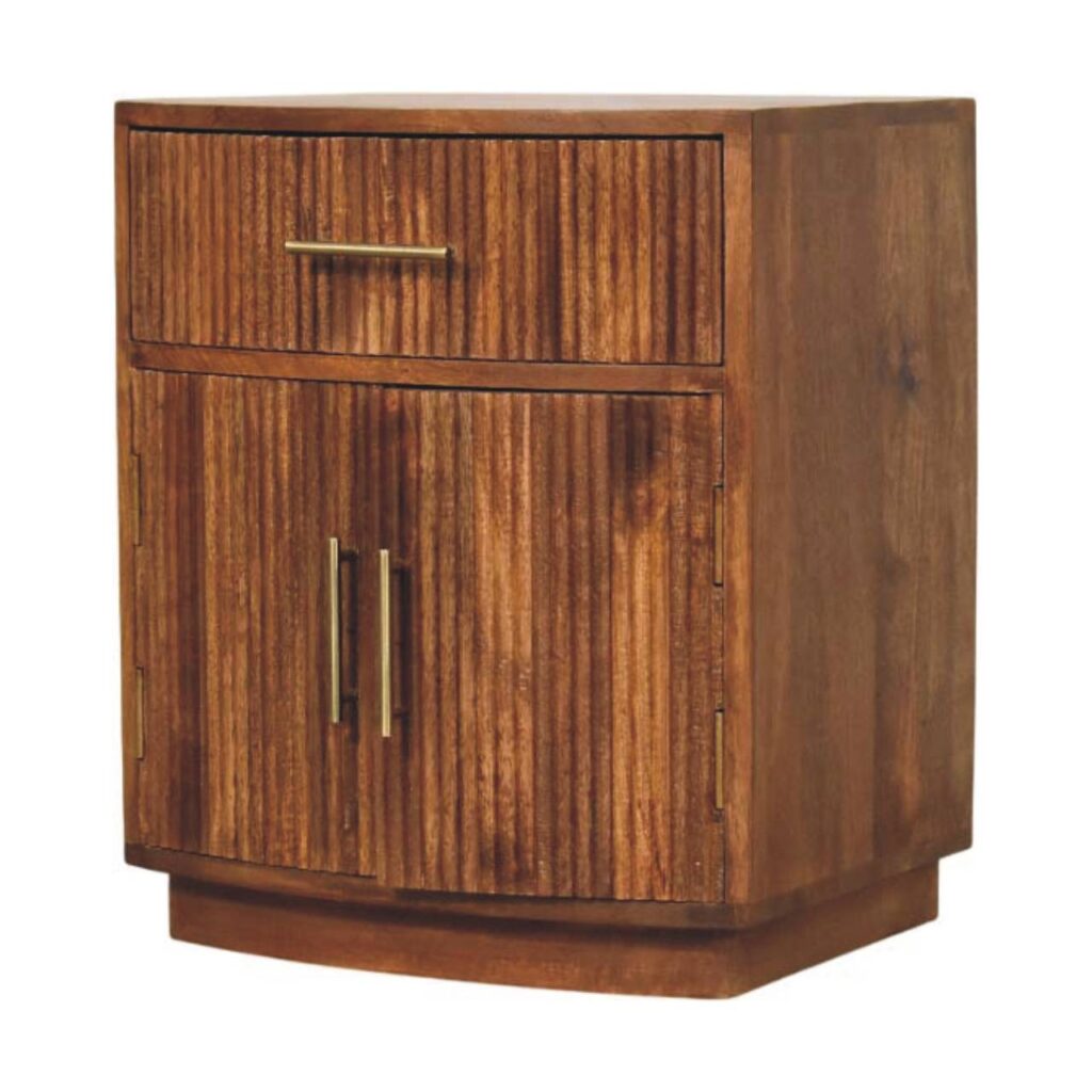 Solid Mango Wood Amber Oak Finished Curved Ribbed Bedside with Drawer & 2 Doors